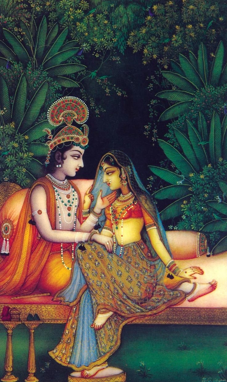 Pintura tradicional de Radha y Krishn en el bosque de Vrindavan